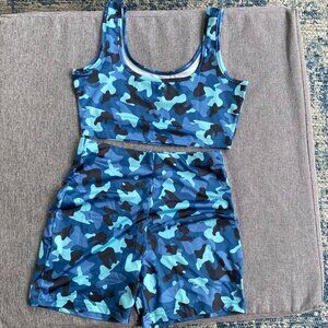 Medium Blue Camo Bodycon Tank Crop Top Shorts Sets Club 2 Piece Outfit